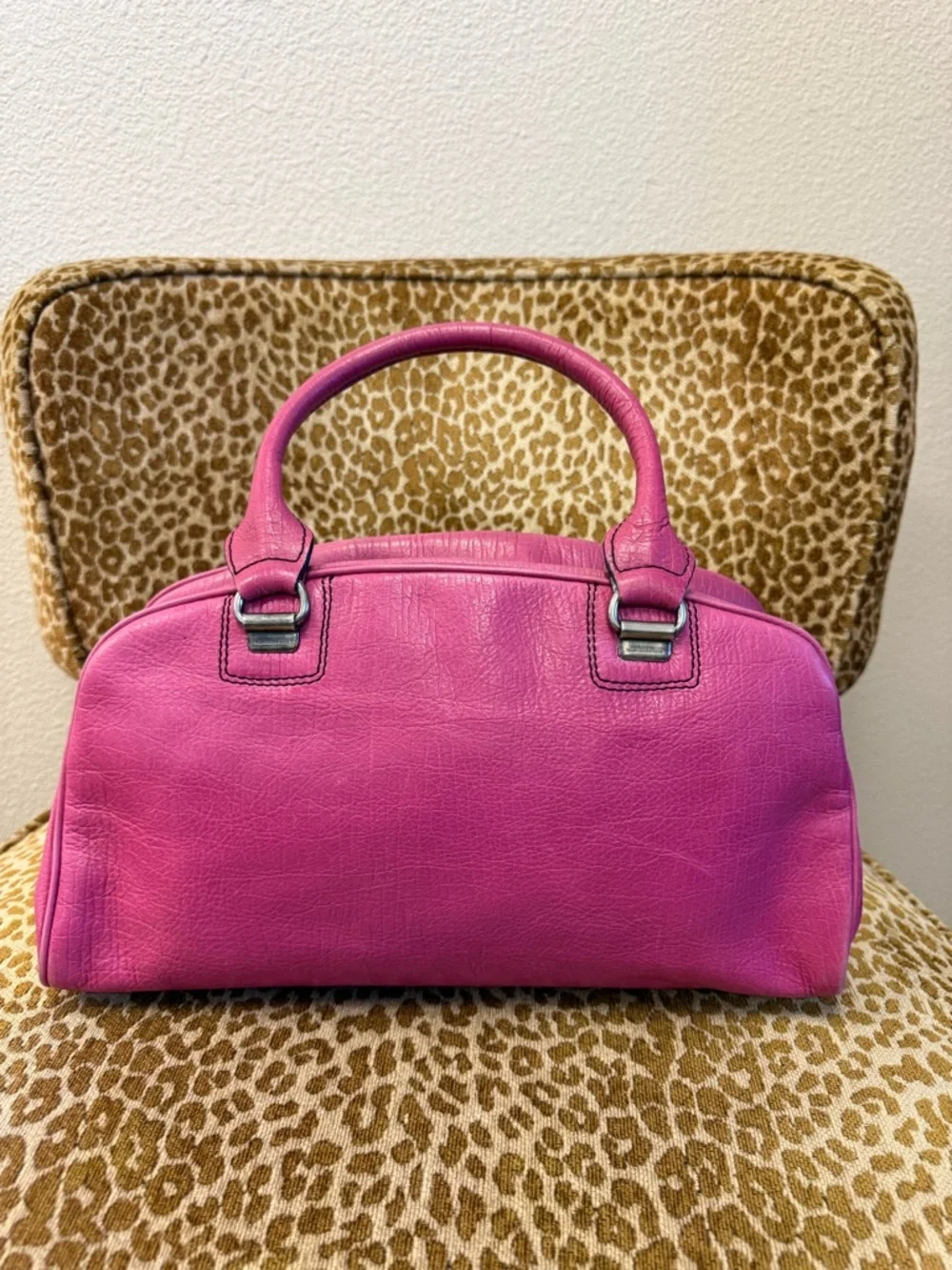 💯 Authentic FRANCESCO BIASIA Pink Leather Bowler Satchel Bag w Silver Hardware